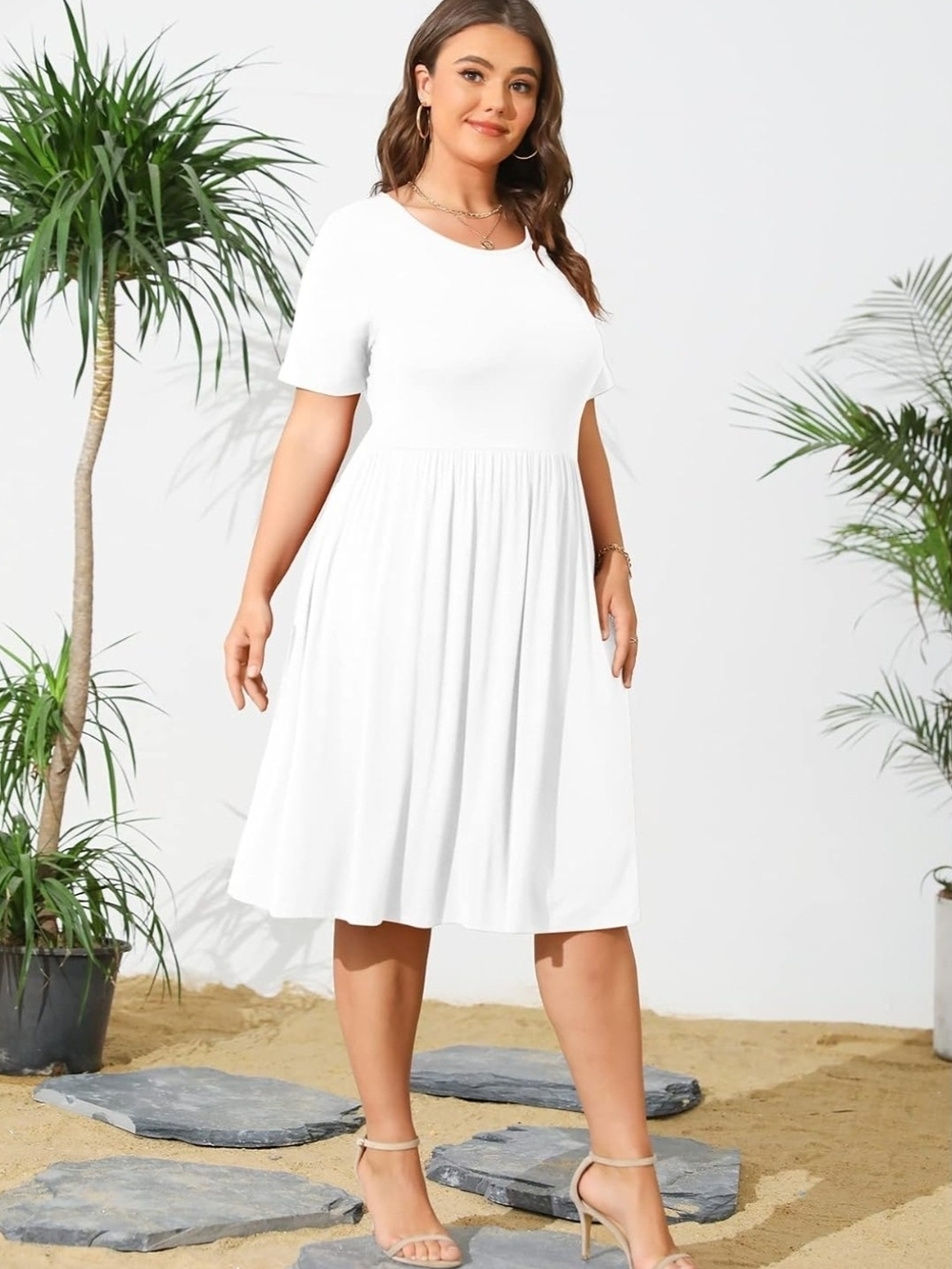 NWT-POSESHE Womens Plus Size Summer Dress Casual Short Sleeve Empire Waist